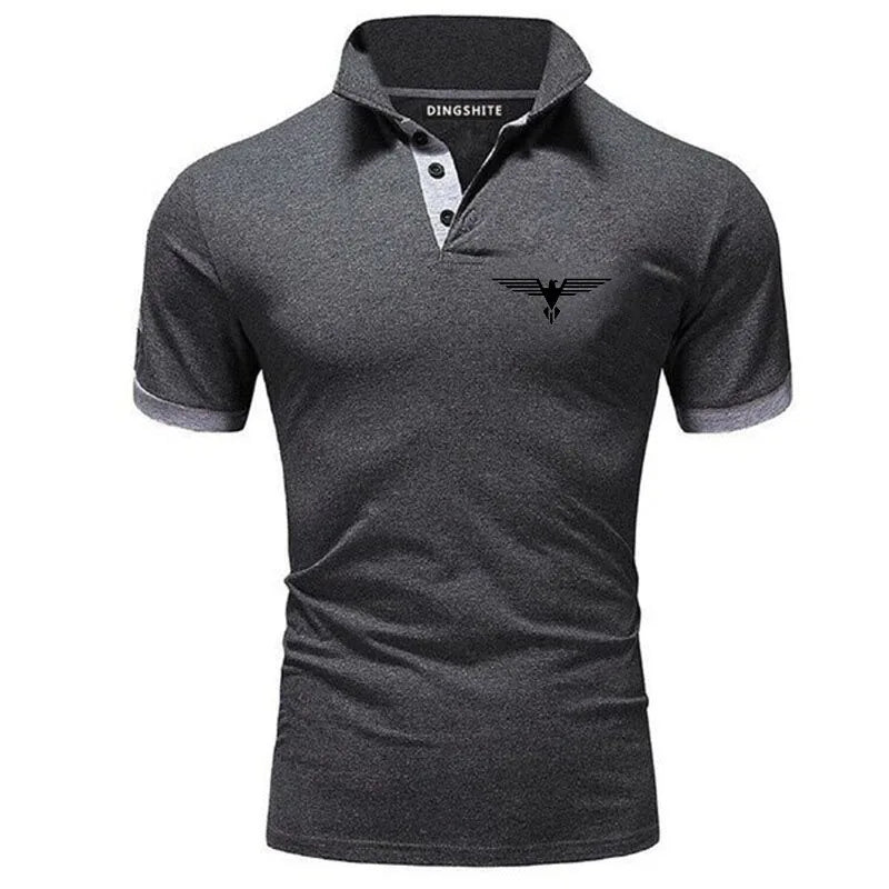 Men's business casual polo shirt in dark gray with a stylish collar and logo detail