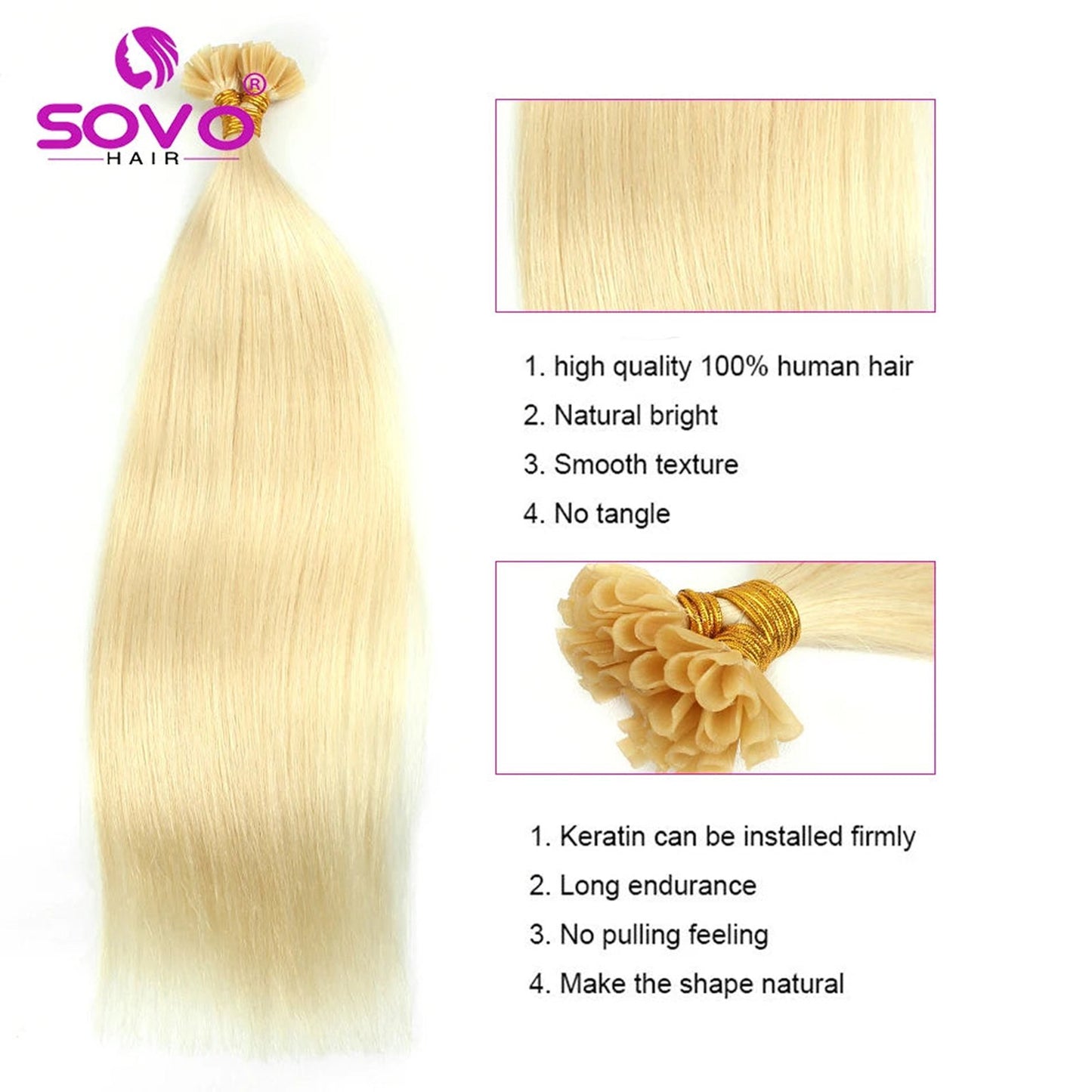 Long Straight U Tip Hair Extensions Human Hair in Blonde with Smooth Texture and No Tangle