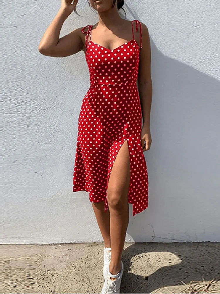 Women's Polka Dot Sleeveless V - Neck Pleated Summer Sundress