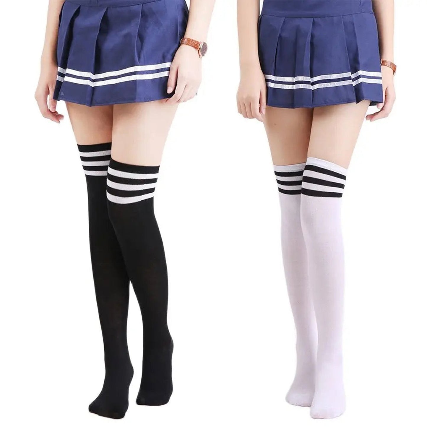 Pair of striped thigh high socks for women in black and white styles, perfect for fashion and comfort.