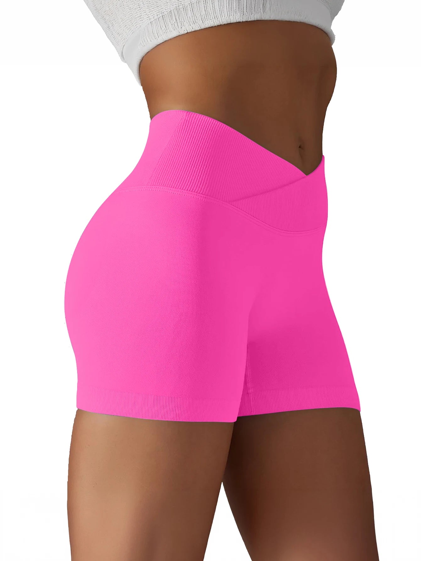 Cross Waist Workout Shorts - High Waisted Ribbed Biker