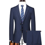A men's navy blue suit displayed on a mannequin torso with a white dress shirt and blue striped tie, plus matching navy trousers shown at lower right on a white background.