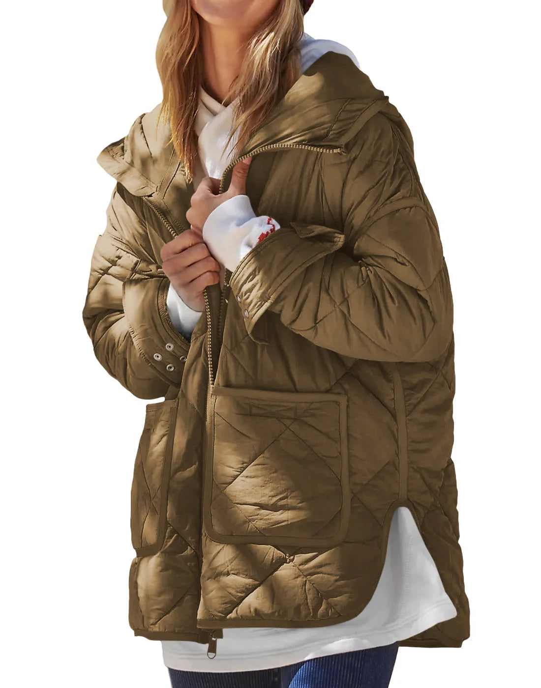 Womens Hooded Cotton Winter Coat Thickened Zipper Pockets Parka