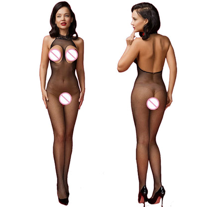 LuckeLadybug sexy mesh lingerie bodysuit designed for a seductive look with open back and sheer fabric