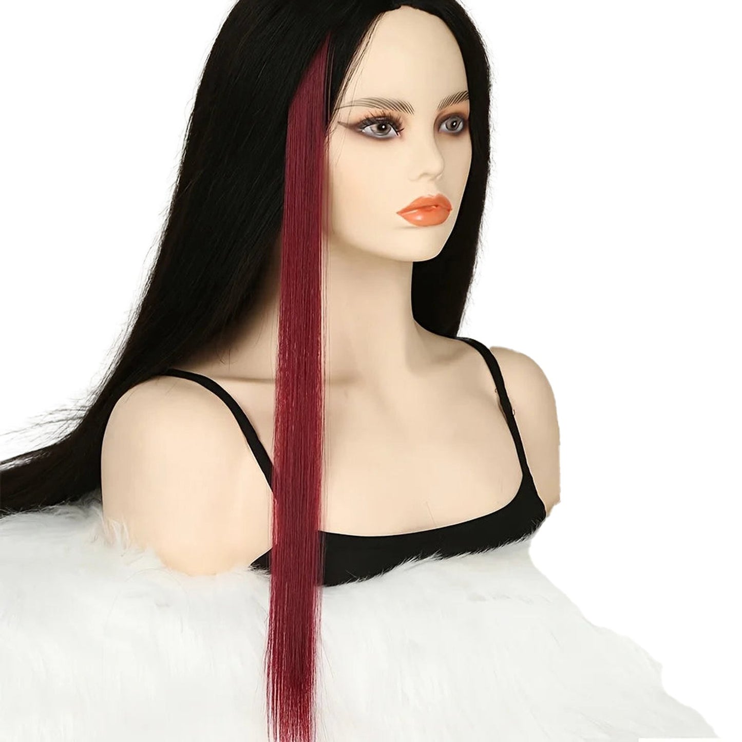 LuckeLadybug LLC synthetic clip in hair extensions in long straight style with a burgundy highlight