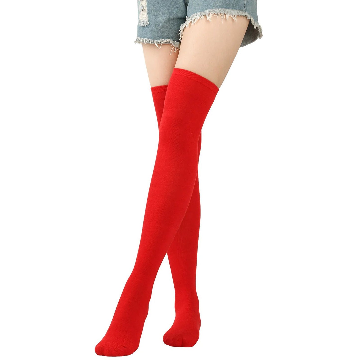 Red striped thigh high socks for women, perfect for adding style and warmth to any outfit