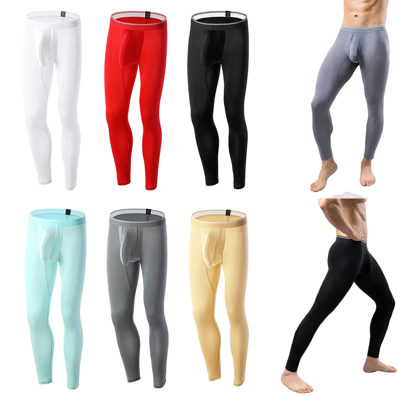 Six pairs of men's full-length compression leggings are shown in a grid on the left, and two models are shown wearing them on the right. The leggings come in white, red, black, light blue, gray, and beige, with a seamless, contoured front design.