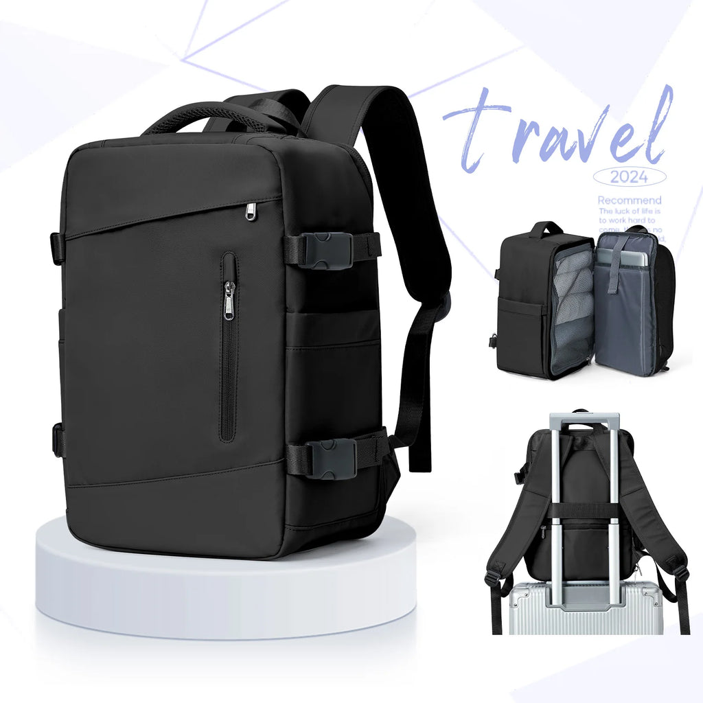 Black travel backpack with additional images showing its features on a white background.