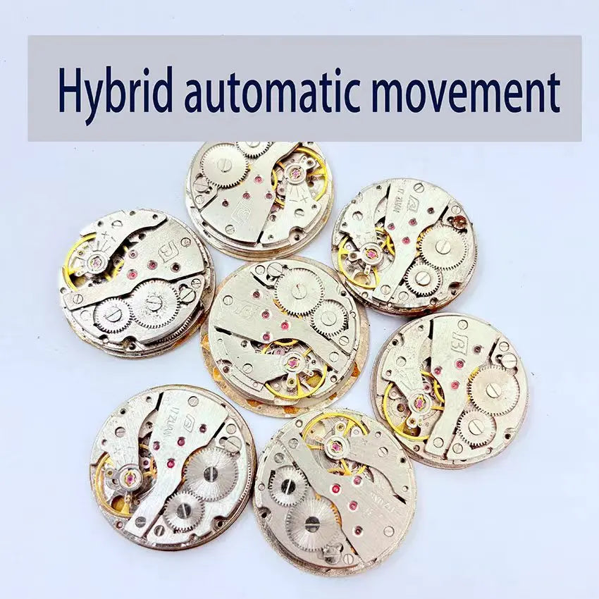 Seven open automatic watch movements arranged in a circle on a white background, with a gray text banner at the top reading 'Hybrid automatic movement'.