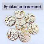 Seven open automatic watch movements arranged in a circle on a white background, with a gray text banner at the top reading 'Hybrid automatic movement'.