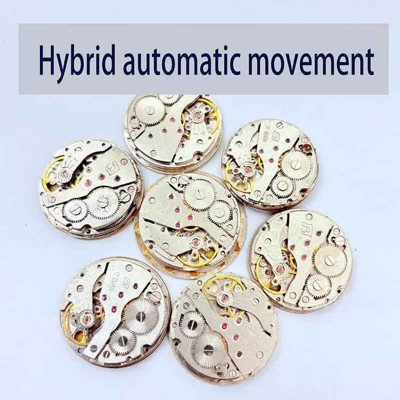 Seven open automatic watch movements arranged in a circle on a white background, with a gray text banner at the top reading 'Hybrid automatic movement'.