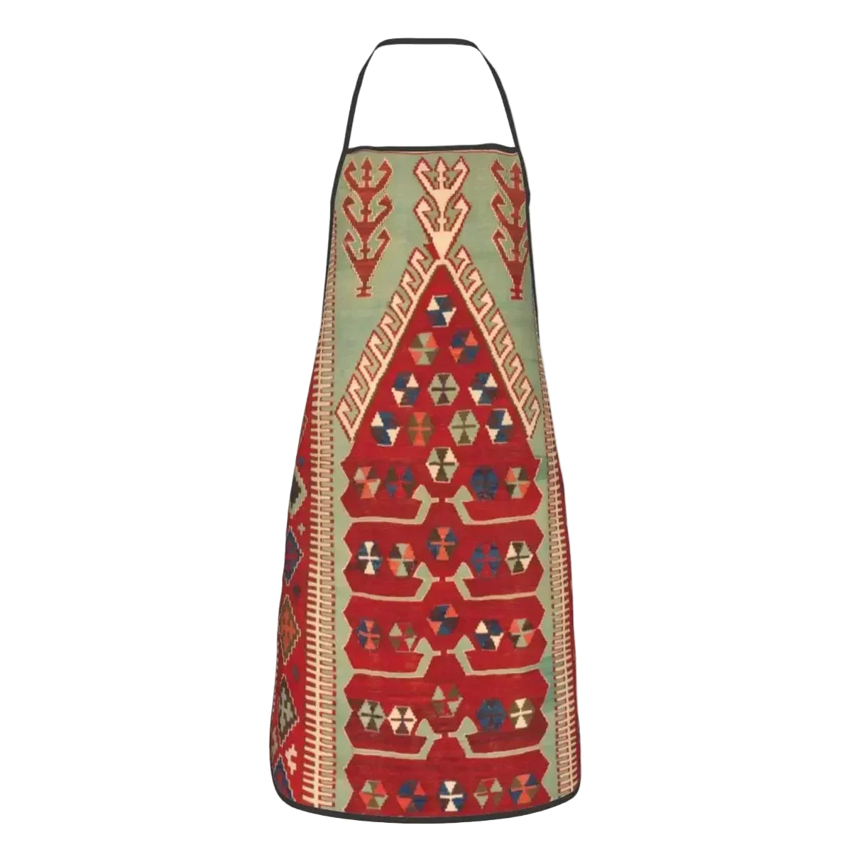 A long apron with a geometric kilim pattern, featuring a red central panel, a sage green upper section, and cream borders, shown against a plain white background.