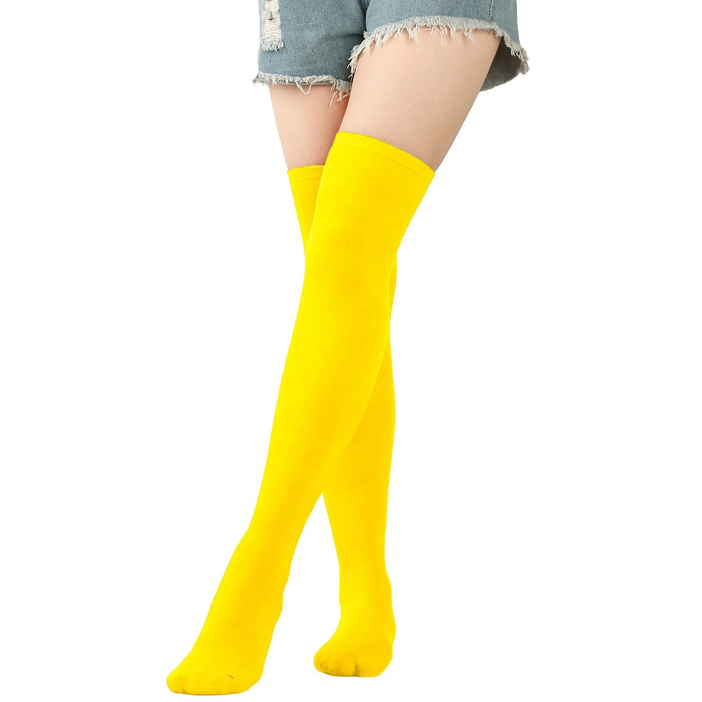Bright yellow striped thigh high socks for women for a vibrant fashion statement