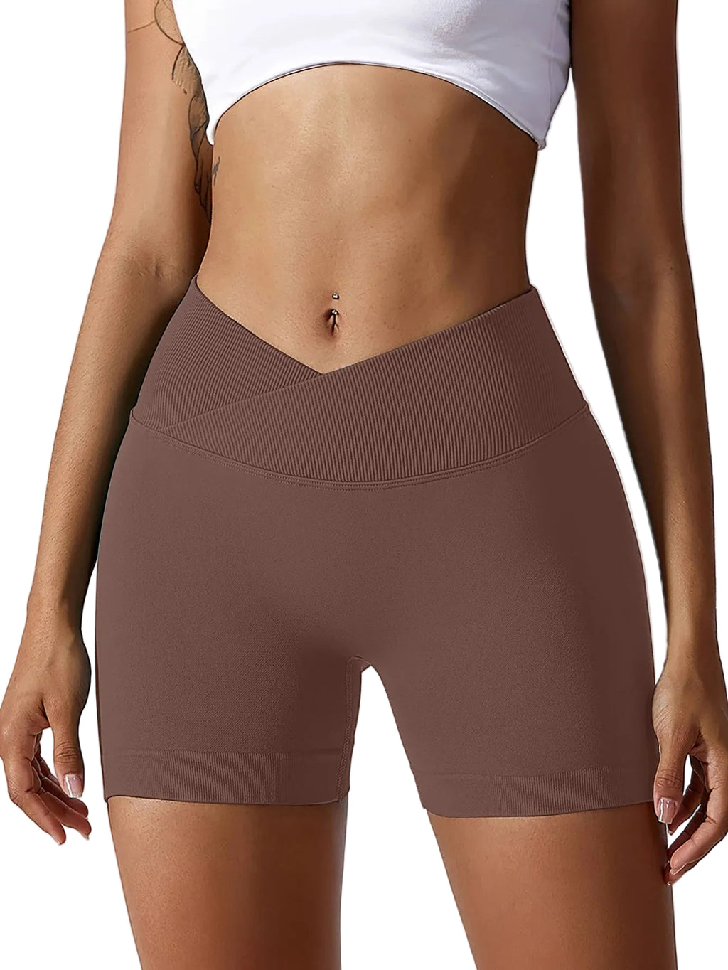 Brown high-waisted shorts worn by a person on a plain background