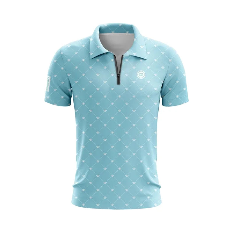 LuckeLadybug men's zippered polo shirt in light blue with a stylish pattern for casual wear