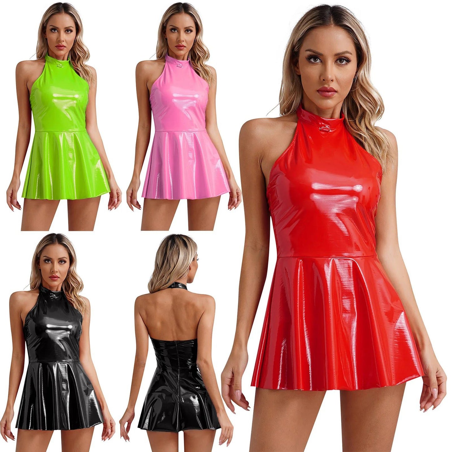 Glossy Patent Leather Mini Dress Swing