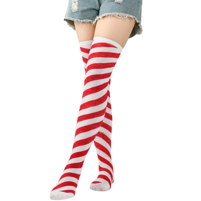 Red and white striped thigh high socks for women, perfect for adding a fun element to any outfit