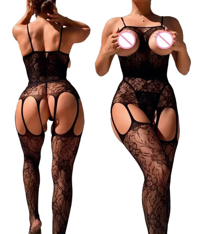 LuckeLadybug sexy mesh lingerie bodysuit with intricate lace design and daring cutouts