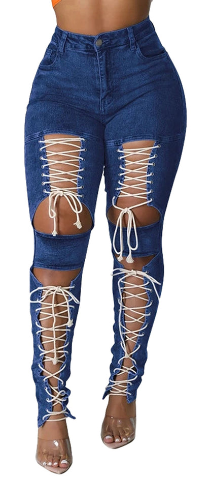 Womens Lace Up Skinny Jeans
