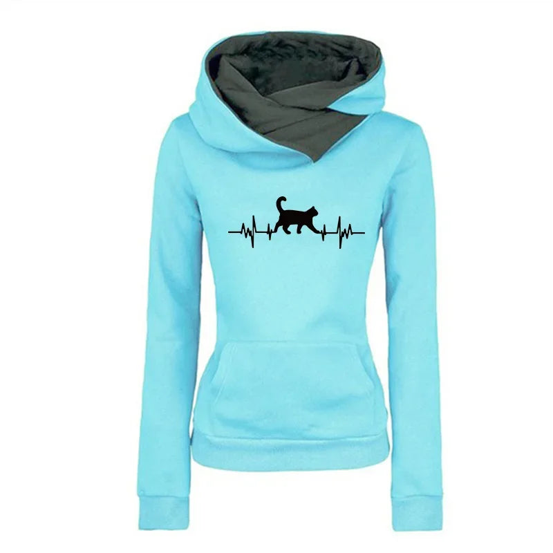 LuckeLadybug women's autumn winter sweatshirts in light blue with cat heartbeat design