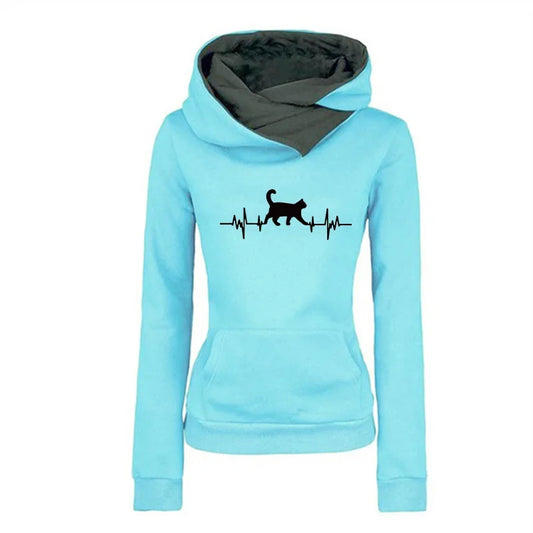 LuckeLadybug women's autumn winter sweatshirts in light blue with cat heartbeat design
