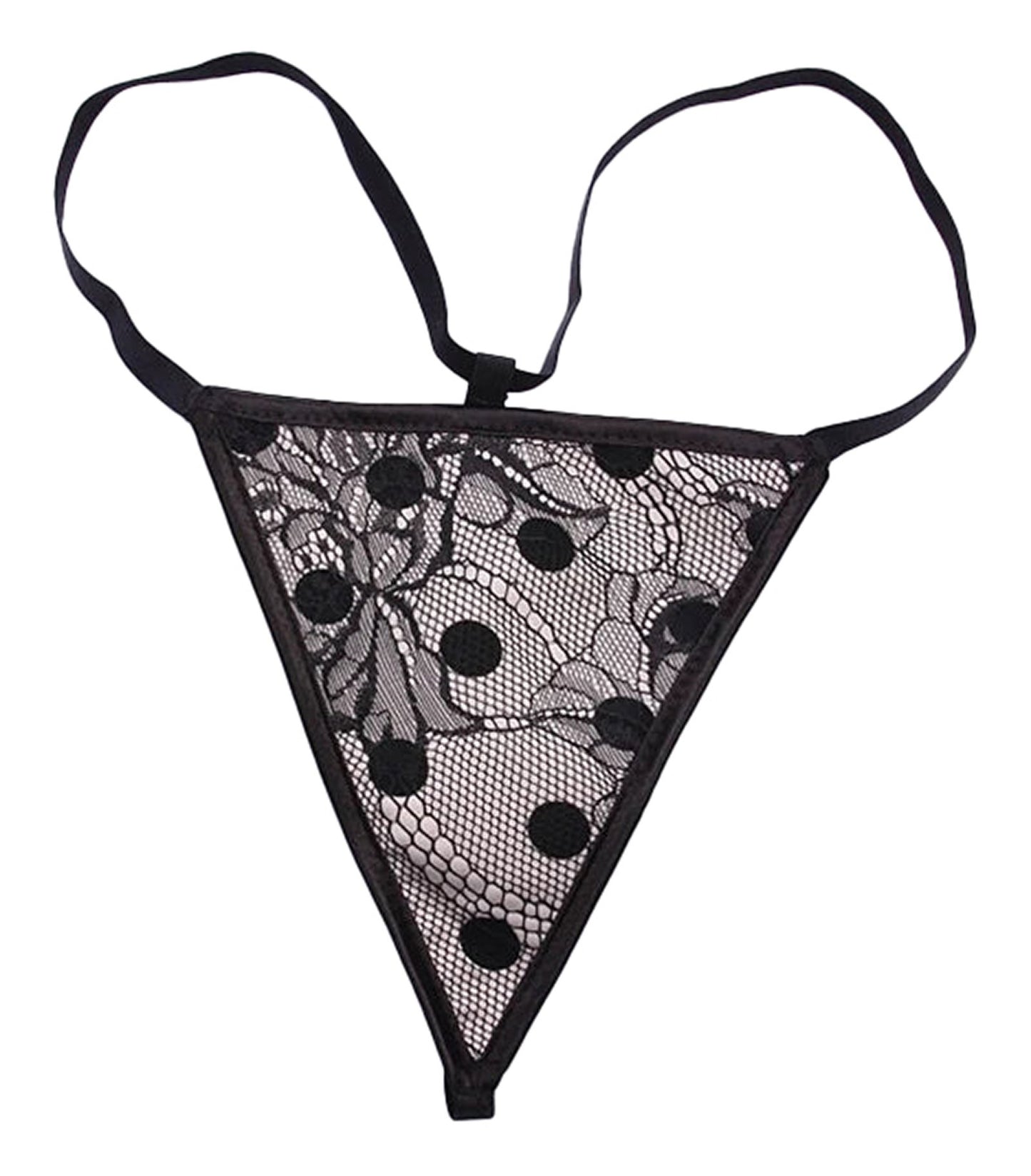 Black lace thong featuring polka dot corset bustier design and delicate floral patterns