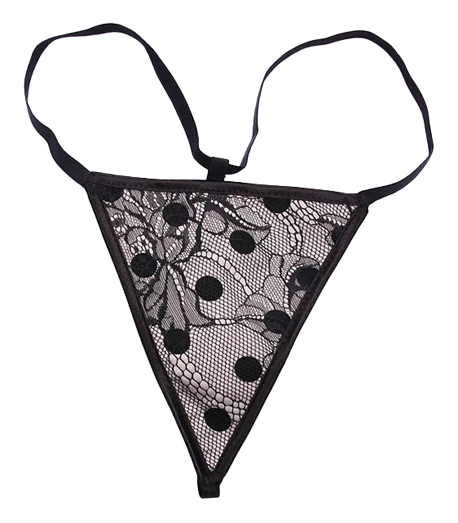 Black lace thong featuring polka dot corset bustier design and delicate floral patterns