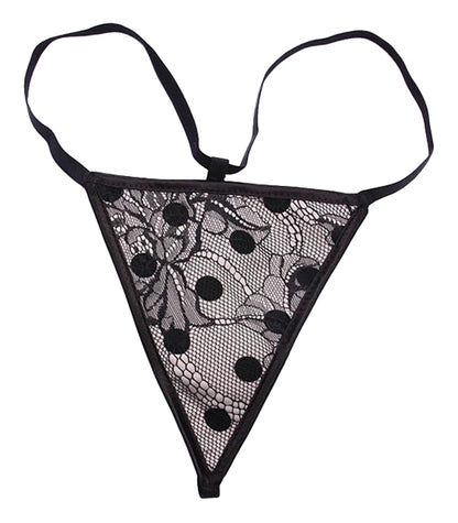 Black lace thong featuring polka dot corset bustier design and delicate floral patterns