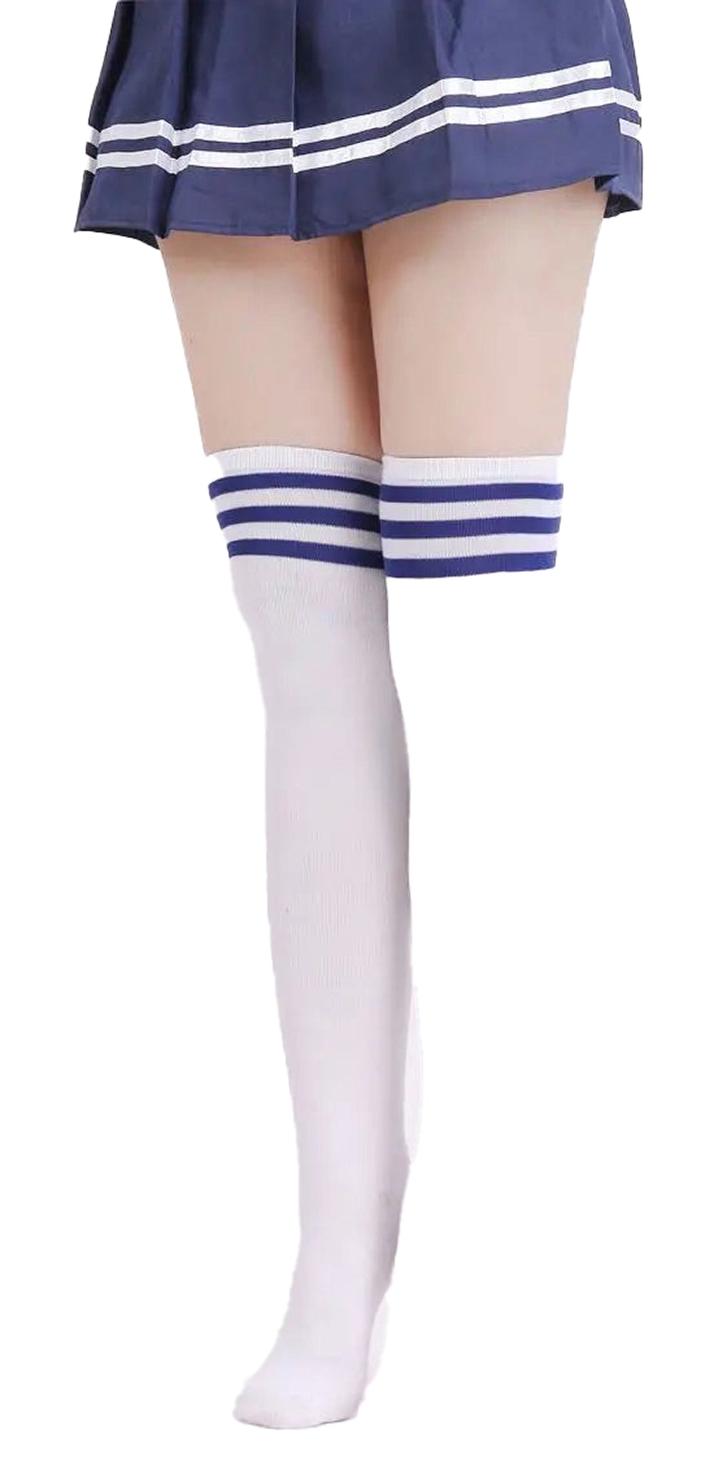 Striped thigh high socks for women in white with blue stripes, perfect for stylish outfits