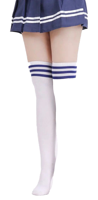 Striped thigh high socks for women in white with blue stripes, perfect for stylish outfits