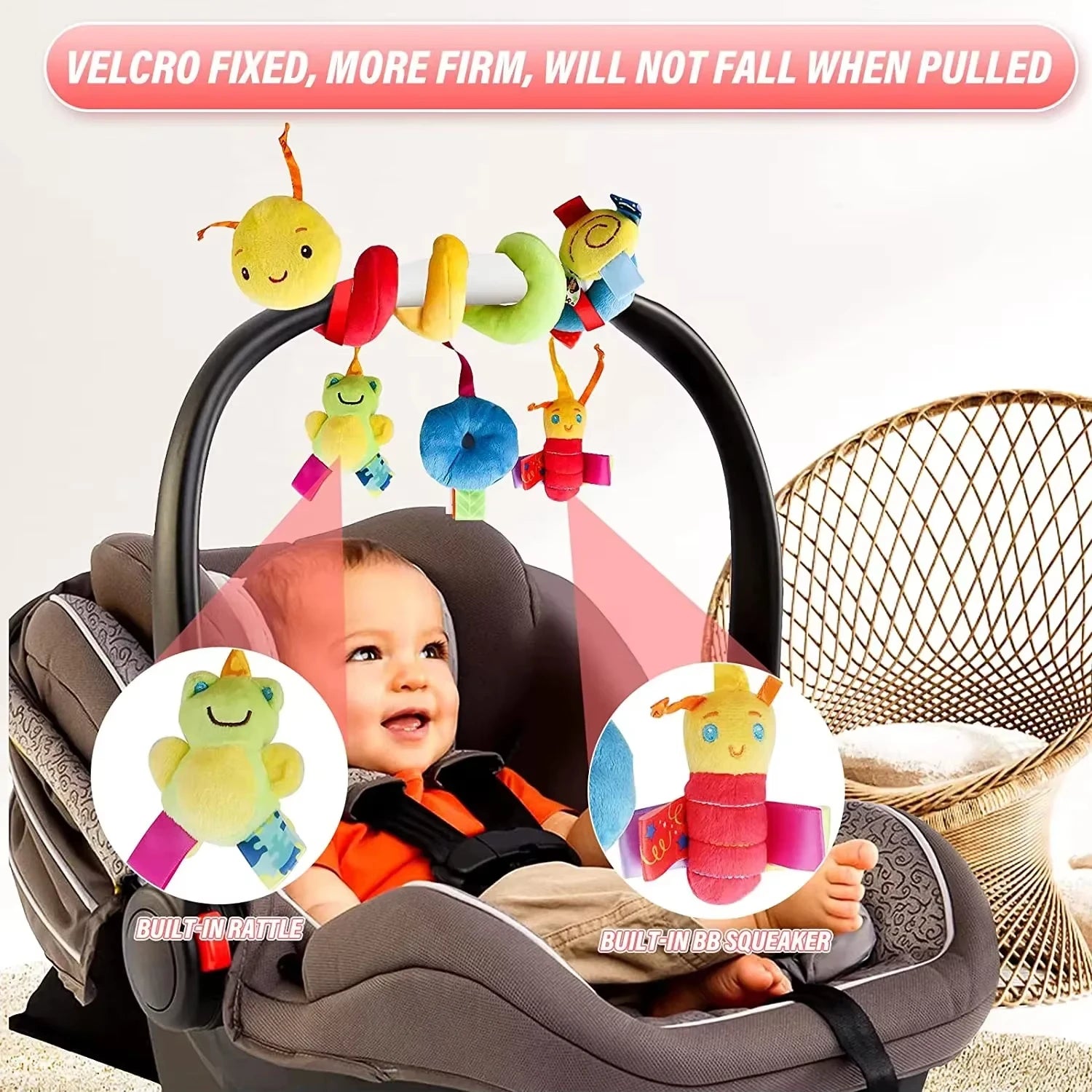 Baby in car seat with colorful toy hanging above, featuring text about velcro and firmness.