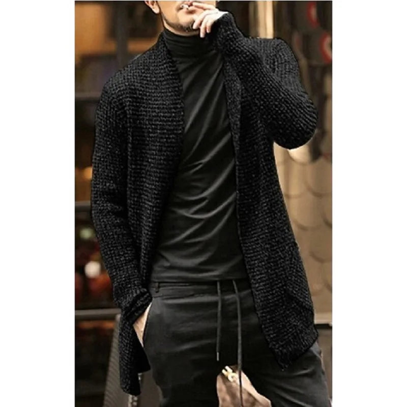 Mens Mid Length Open Stitch Knitted Trench Coat Sweater