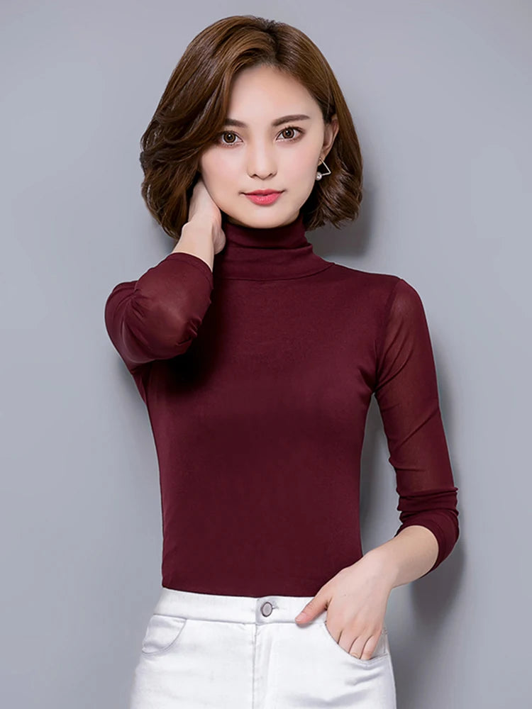Women Long Sleeve Lace Blouse Slim Knit Pullover Top