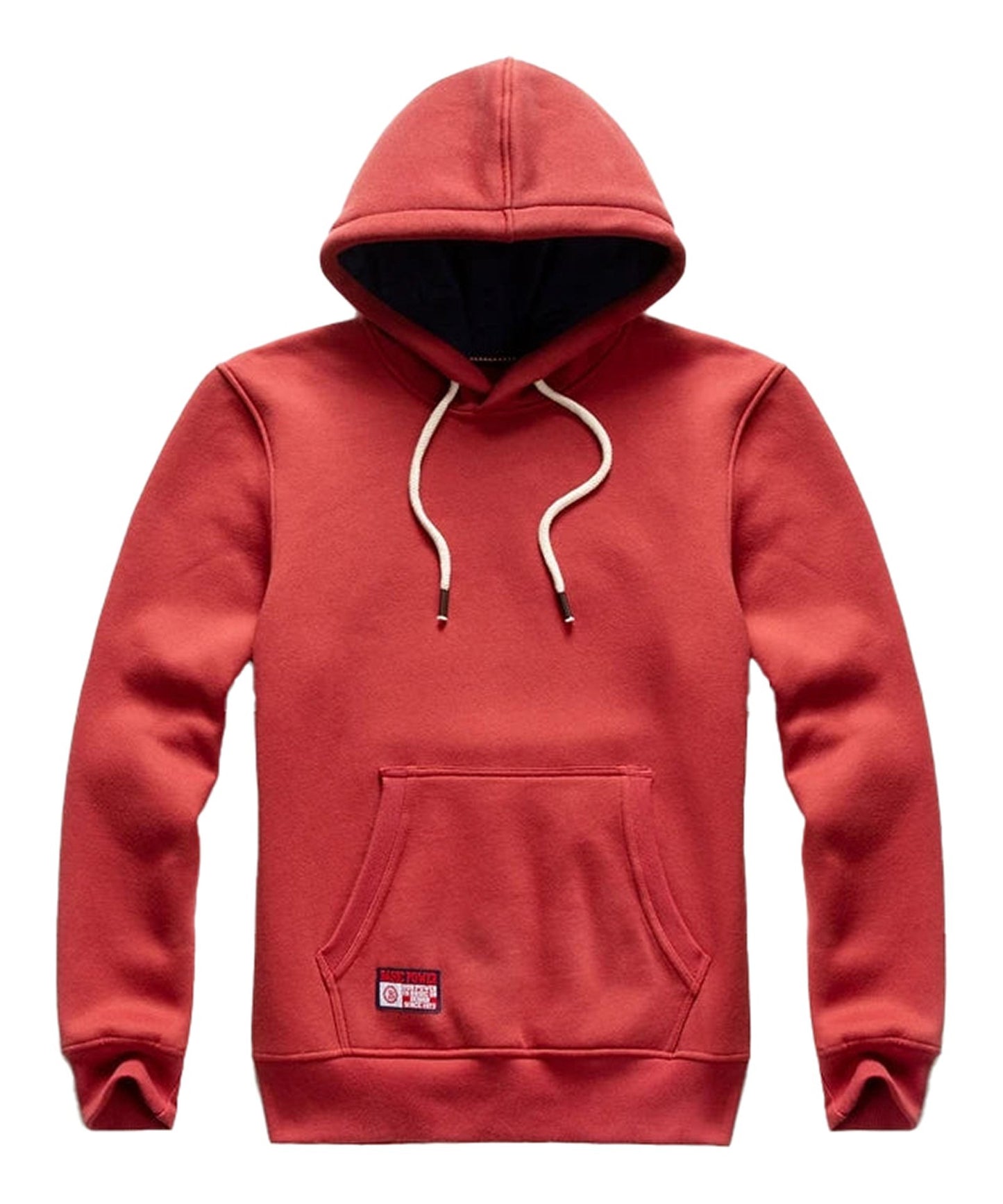 Comfortable red men's oversized hoodie with a front pocket and drawstring hood