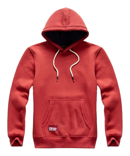 Comfortable red men's oversized hoodie with a front pocket and drawstring hood