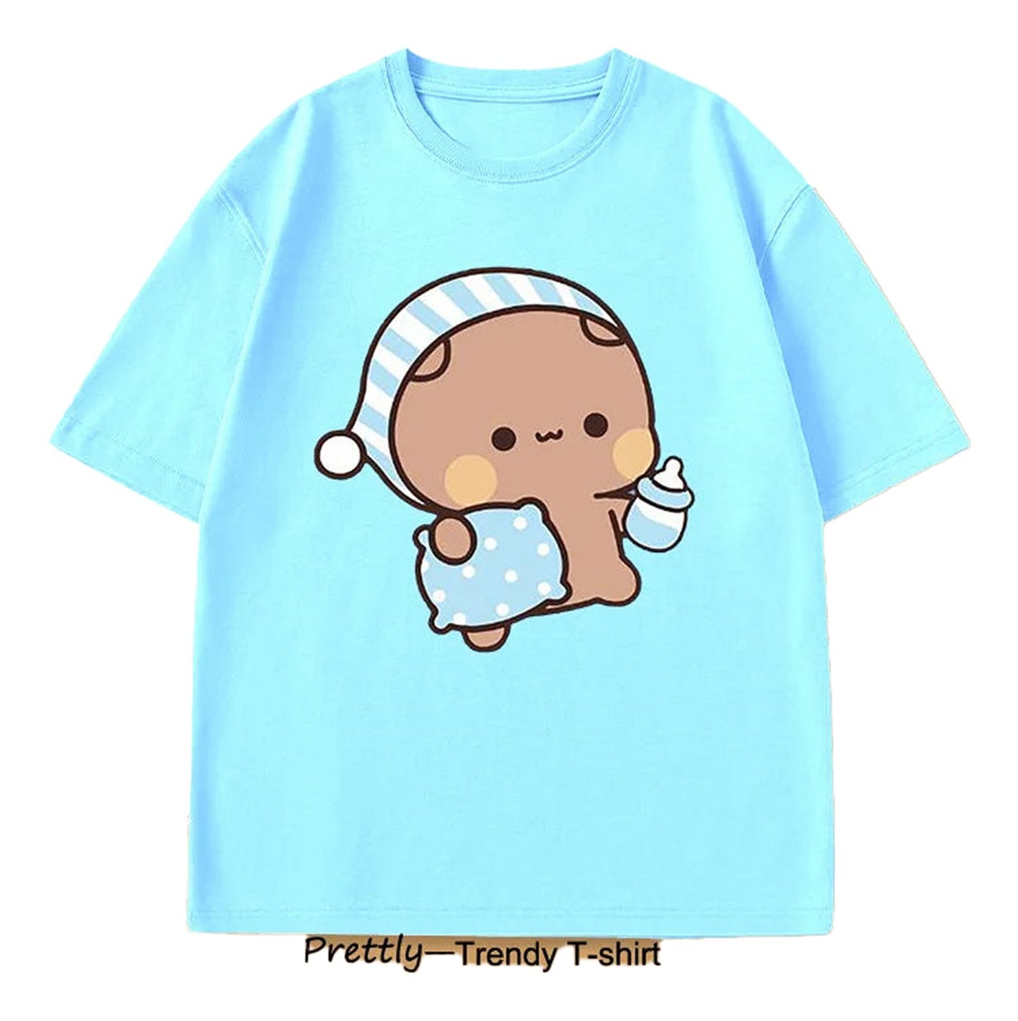 Lifestyle Shot of Cute Bubu Panda & DuDu Bear Graphic T-Shirt