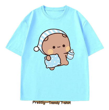 Lifestyle Shot of Cute Bubu Panda & DuDu Bear Graphic T-Shirt