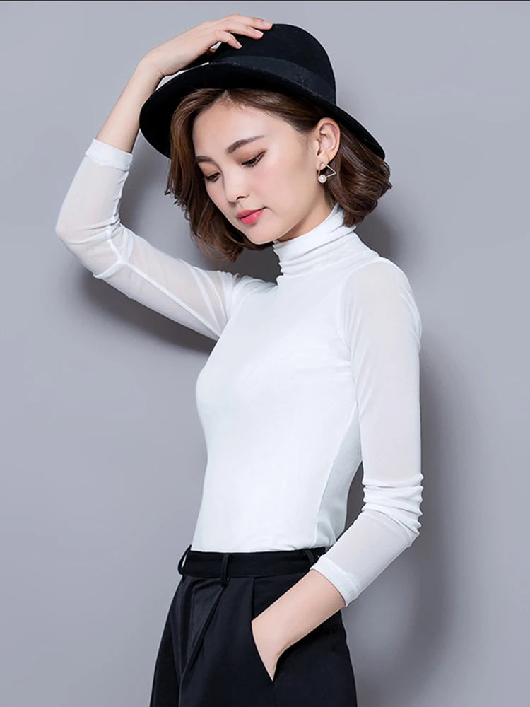 Women Long Sleeve Lace Blouse Slim Knit Pullover Top