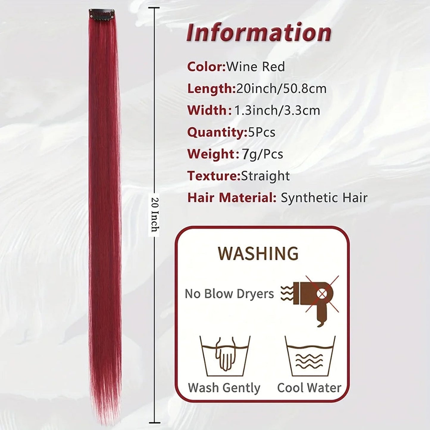 Wine Red Long Straight Hair Synthetic Clip In Hair Extensions 20 Inch by LuckeLadybug LLC