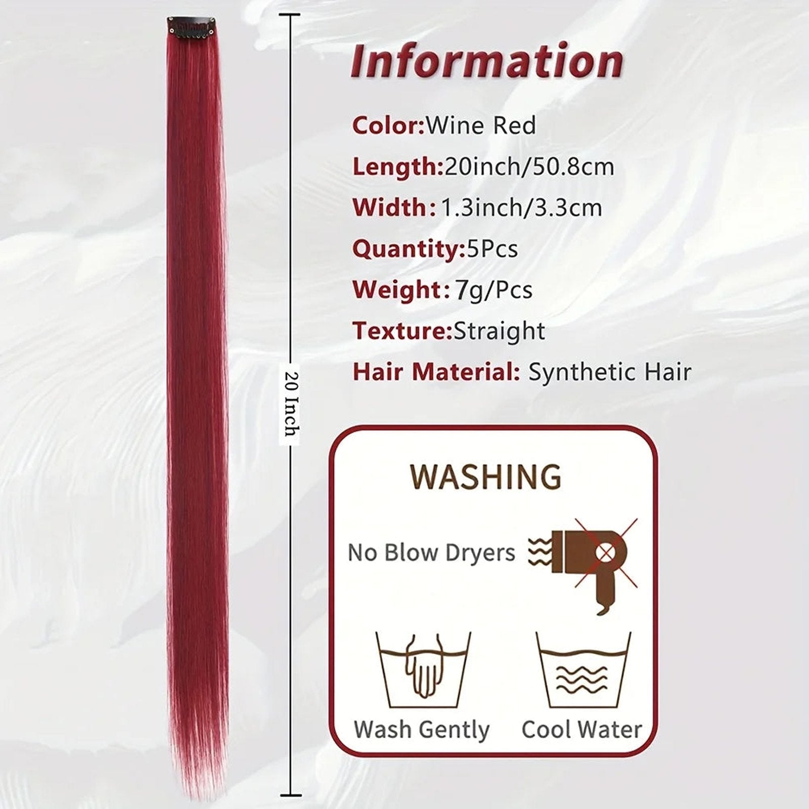 Wine Red Long Straight Hair Synthetic Clip In Hair Extensions 20 Inch by LuckeLadybug LLC