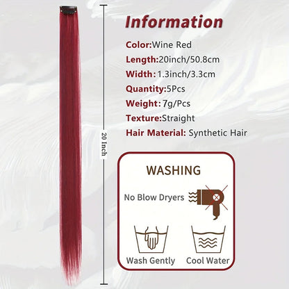 Wine Red Long Straight Hair Synthetic Clip In Hair Extensions 20 Inch by LuckeLadybug LLC