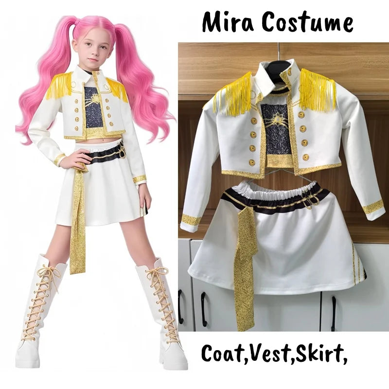 White and gold K-Pop demon hunters costume for kids featuring a coat, vest, and skirt