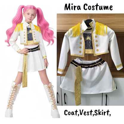 White and gold K-Pop demon hunters costume for kids featuring a coat, vest, and skirt