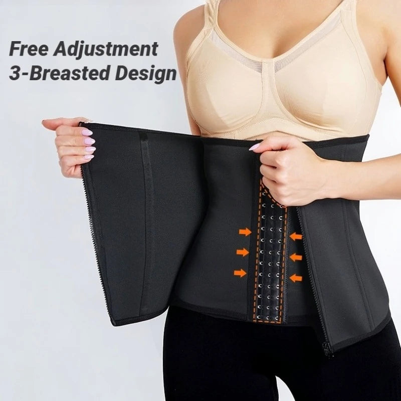 A woman wearing a beige bra holds open a black post-surgical abdominal hernia repair or post-surgical waist support belt to demonstrate its free-adjustable 3-breasted design. The image includes text reading 'Free Adjustment 3-Breasted Design' and orange arrows pointing to the closure area.