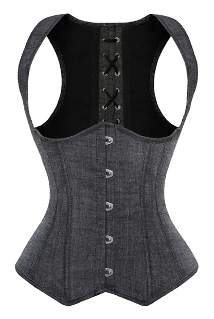 Gothic underbust corset vest by LuckeLadybug LLC with lace-up back and button front in dark denim