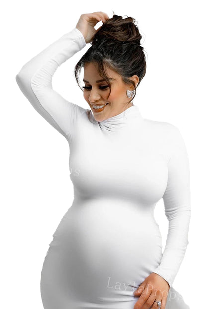 LuckeLadybug LLC Maternity Photo Shoot Dress in White with Long Sleeves for Elegant Portraits