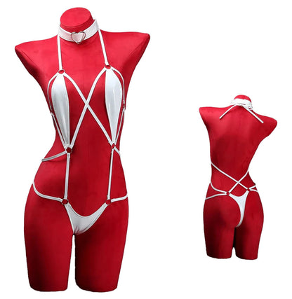 Sexy Leather Crotchless Bodysuit With Collar