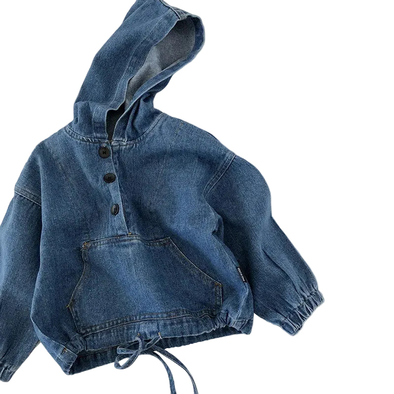Childrens Blue Denim Long Sleeve Pullover Hoodie