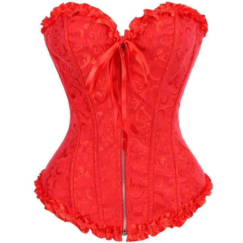 Women Floral Lace - Up Satin Overbust Corset Bustier Top