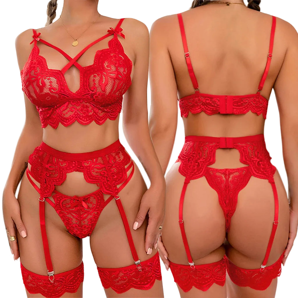 Floral Lace See - Through Lingerie Set with Garters